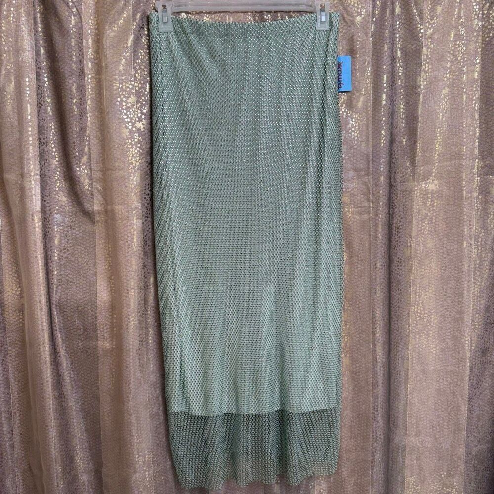 WAYF Light Sage Green Rhinestone Fishnet Mesh Maxi Skirt Large NWT